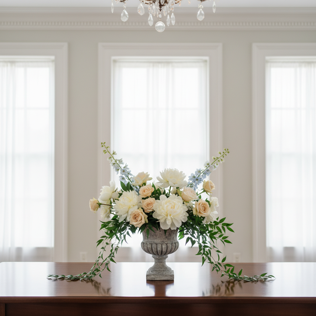 A refined tablescape inside a historic South Georgia plantation-style venue, featuring a single, statement floral arrangement on a polished dark wood table. The arrangement showcases creamy peonies, champagne roses, and soft blue delphinium in a footed stone urn, with trailing smilax cascading over the edge. Behind it, tall paneled windows with sheer white drapes allow overcast daylight to softly fill the room, creating a gentle, even illumination with minimal harsh shadows. The composition is centered and symmetrical, shot at eye level for a classic, editorial feel. Architectural details like crown molding and a blurred crystal chandelier suggest the venue’s character without overwhelming the florals. The mood is timeless, elevated, and distinctly Southern, rendered in clean photographic realism.