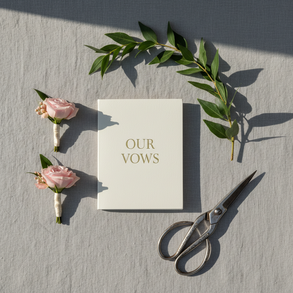 An elegantly styled flat lay of wedding floral details arranged on a textured, dove-gray linen backdrop. A pair of petite blush boutonnieres with silk-wrapped stems lies beside a cream-colored vow booklet embossed in gold foil, a sprig of Italian ruscus, and vintage silver floral shears. Soft golden hour light sweeps in from the upper left, creating elongated, graceful shadows and subtle highlights on the petals and metallic edges. The composition follows the rule of thirds, with negative space allowing each element to breathe. Captured from a true overhead, bird’s-eye view in photographic realism, the mood is refined and editorial, perfect for a sophisticated wedding florist blog cover image.