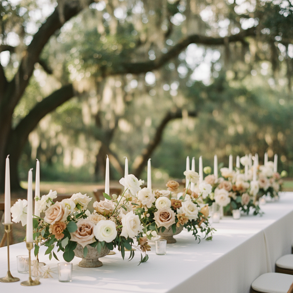 A long banquet table set for an outdoor wedding reception, viewed from a slightly elevated angle, the focus on low, abundant floral centerpieces in muted tones of ivory, dusty rose, and soft apricot. Arrangements spill organically from stone-like ceramic vessels, mingling with loose taper candles in brushed gold holders and scattered votives. The table is draped in crisp white linen, set beneath a canopy of moss-draped Southern oak branches in North Florida, blurred into the background. Late afternoon sunlight filters through the trees, creating dappled patterns across the table and subtle bokeh light spots. The mood is intimate and sophisticated, captured with photographic realism and a shallow depth of field that draws the eye to the florals.